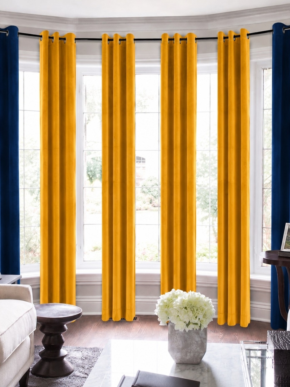 6 Velvet Curtain Panels – Golden Yellow & Navy – 90" Long